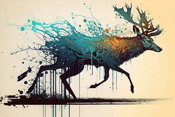 Deer running, graffiti, paint drips