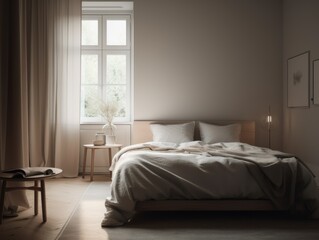 An image of a modern, minimalist bedroom with a neutral color palette, featuring a comfortable bed with soft linens, a stylish nightstand, and an elegant floor lamp. The room is bathed in soft, natura