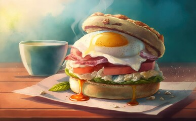 Drawn appetizing fresh healthy sandwich for breakfast watercolor breakfast food illustrations Generative AI
