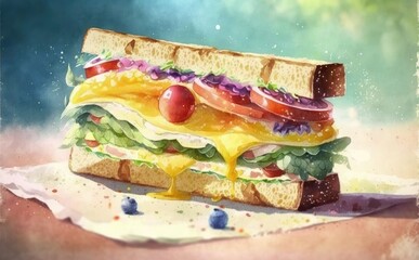 Drawn appetizing fresh healthy sandwich for breakfast watercolor breakfast food illustrations Generative AI