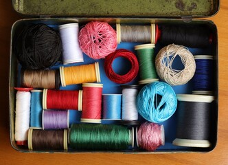 colorful thread cones in an old box