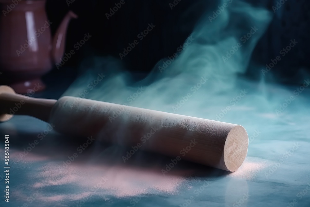 Aufkleber a rolling pin on a table with smoke coming out of the top of it and a teapot in the background on a 