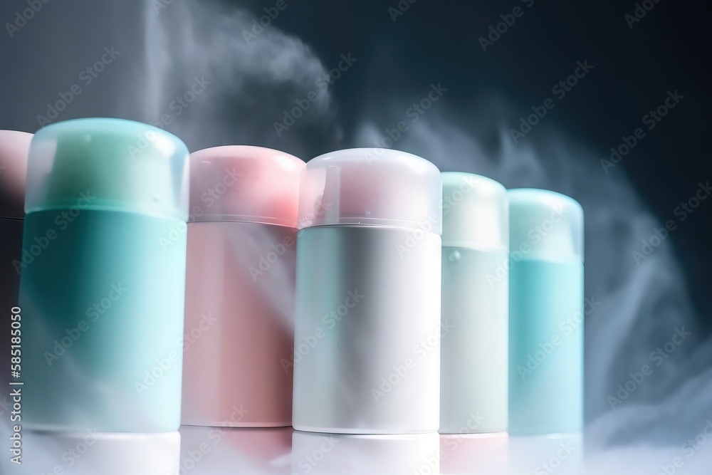 Poster a row of different colored bottles with steam coming out of them on a table top with smoke coming ou