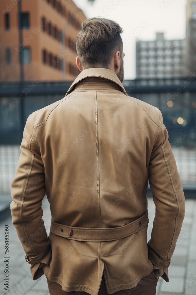 Poster a man in a tan leather jacket standing on a brick walkway in front of a building with a view of the 