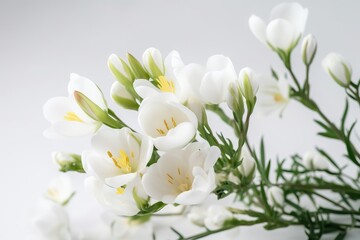 Naklejka na ściany i meble a bunch of white flowers with green stems on a white background with a white background and a white background with a white background and a white background with a yellow center. generative ai