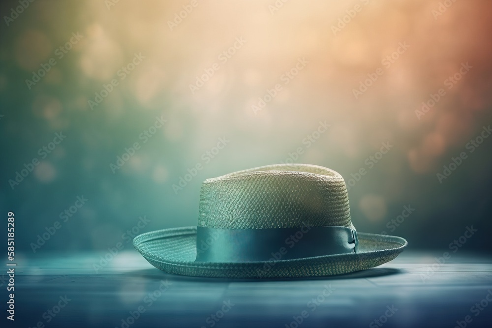 Poster a white hat sitting on top of a wooden table in front of a blurry background of trees and grass in t