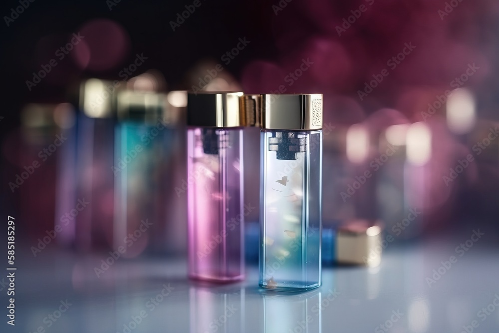 Poster a row of different colored bottles with a gold top on a white surface with a blurry background of li
