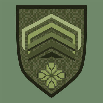 Green military ranks shoulder badge. Army soldier chevron. Uniform sign with green star. Colorful vector illustration isolated on green background.