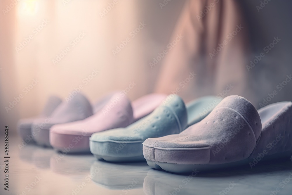Poster a row of shoes sitting on top of a table next to a window with curtains behind them and a curtain in