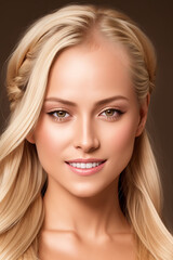 Fototapeta premium Beautiful woman studio portrait, girl looks directly into the camera , Generative AI