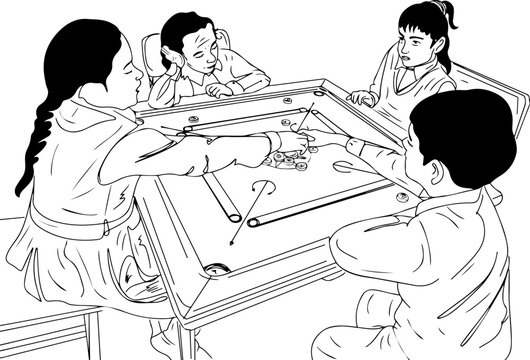 Summer Pastimes: Kids Enjoying Carom Board at Home, Home Entertainment: Vector Outline of Young Children Playing Carom Board, Summer Games