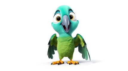 Cute realistic happy and cute parrot smiling, funny cartoon character on the white background - Generative AI