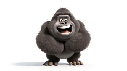Cute realistic happy and cute gorilla smiling, funny cartoon character on the white background - Generative AI
