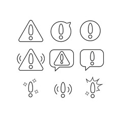 Set of warnings vector line simple icons, Alert, Exclamation mark, Warning sign