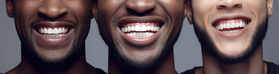 banner Tooth whitening, three guys perfect white teeth close up, males toothy veneer smile, dental care and stomatology, dentistry. generative ai
