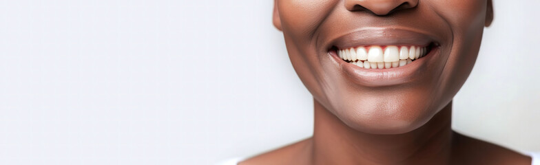 Banner perfect white teeth close up African American black girl, female toothy veneer smile, tooth whitening, dental care and stomatology, dentistry, copyspace for text, generative ai. - obrazy, fototapety, plakaty