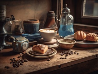 A beautifully presented, artisanal cup of coffee with latte art on a rustic wooden table. The scene includes a vintage coffee grinder, roasted coffee beans, and a delicious pastry.