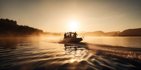 Motorboat yacht sunset on sea