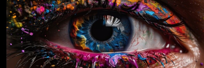 Human eye close up with colorful paint , ink splashes and drips, Generative AI