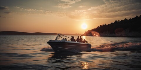 Motorboat yacht sunset on sea