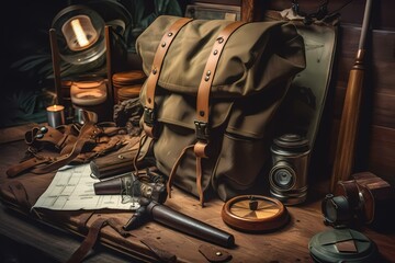 A backpack and other objects on a table - Generative AI