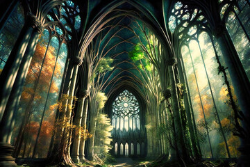 The towering trees formed a natural cathedral, with sunlight filtering through the leaves like stained glass
