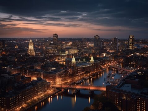 A panoramic cityscape during twilight, showcasing the illuminated skyline, with a mix of historic and modern architecture. The scene captures the urban atmosphere and vibrant energy of the city.