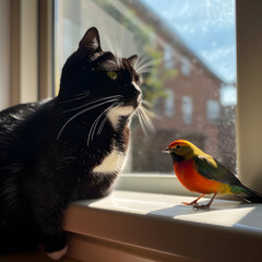 Black and White cat with bird in a window