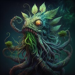 Fototapeta na wymiar Lovecraftian marijuana monster, with herbal leaves. Funny illustration of cannabis dream. Generative AI