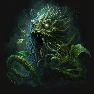 Lovecraftian marijuana monster, with herbal leaves. Funny illustration of cannabis dream. Generative AI