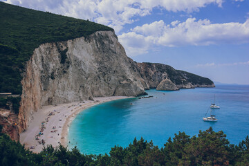 Ionian turquoise blue waters and the stunning cliff at Porto Katsiki beach, Lefkada island, Greece. Alternative to Zakynthos and even better        
