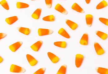 Caramel corn candy isolated on white background. Concept Halloween. Traditionally distributed as a Halloween treat. Sweets. Sweet treat.