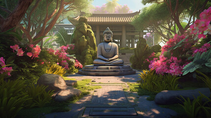 Stone Buddah statue next to a temple in the nature (Modified Generative AI) - obrazy, fototapety, plakaty