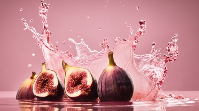 Frische Feigen und Wasserspritzer auf rosa Hintergrund, Generative AI
