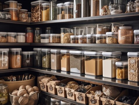 An organized, well-stocked home pantry, with various food items sorted into clear, labeled containers. The image showcases an efficient, clutter-free storage solution for the modern home.