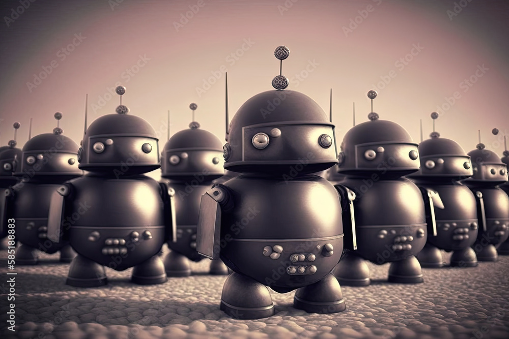 Poster robot crowd in rows. robot army. created with generative ai