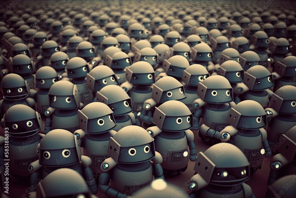 Poster robot crowd in rows. robot army. created with generative ai