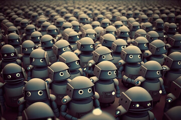Robot crowd in rows. Robot army. Created with Generative AI