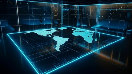 Fototapeta na wymiar World map connected to the crypto network. _ Global map with 3D light from the background, network status. _ Floor apartment. AI generativa,