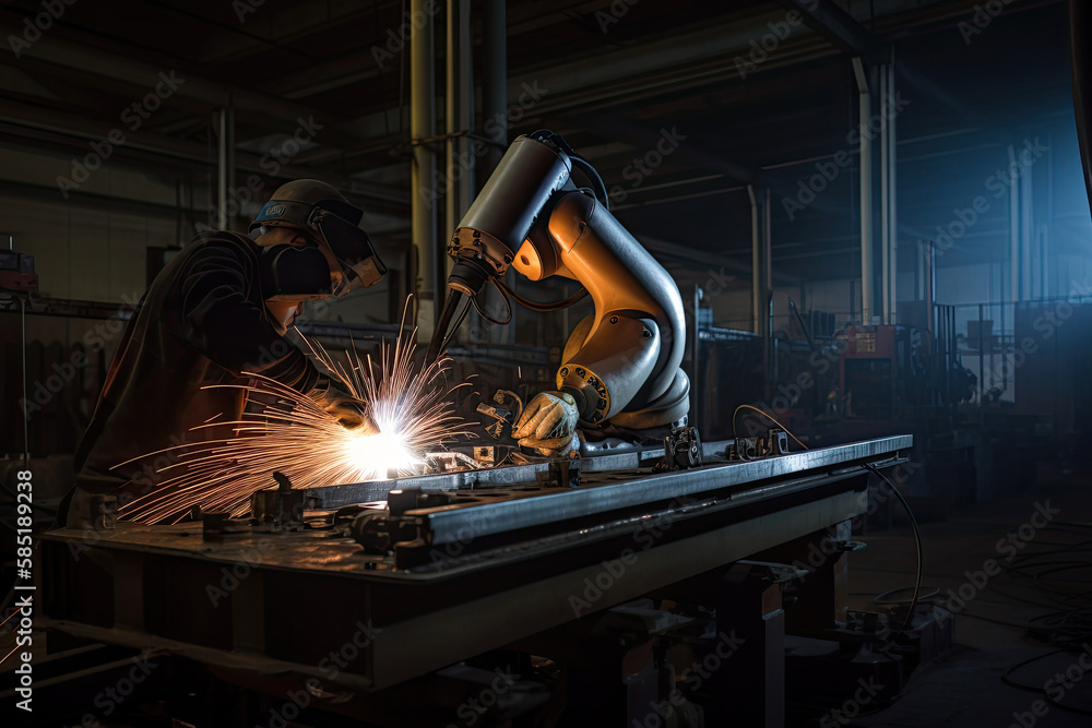 Poster robotic arm works on welding. conveyor line at factory. automatic welding. created with generative a