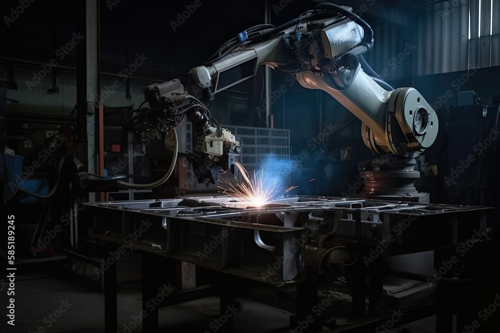 Poster robotic arm works on welding. conveyor line at factory. automatic welding. created with generative a