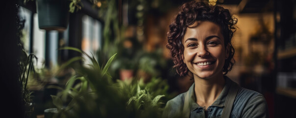 Fototapeta na wymiar Small Business, Big Passion: Lush Greenery and Genuine Smiles in a Local Plant Shop. Small business owner smiling in her plant shop, surrounded by unique decor. Generative AI