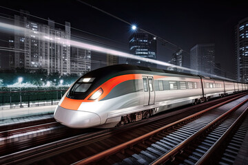 Naklejka premium Modern high speed train at night. Fast train in city with motion blur effect, Public transport. Railway transportation. Created with Generative AI
