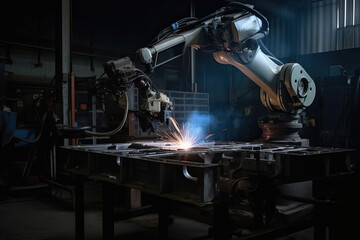 Robotic arm works on welding. Conveyor line at factory. Automatic welding. Created with Generative AI