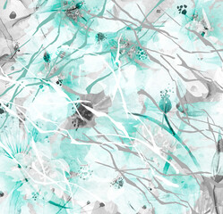 Watercolor floral background. Summer, autumn, spring landscape. Sunflower, calendula, chamomile in the field. banner, card for your design.Branches in the wind, whirlwind.
 plants, wild herbs pattern