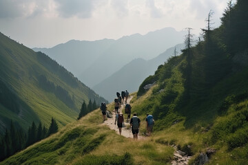 Fototapeta premium Group of tourist hiking in mountains. Travelers with backpacks in mountains. Outdoor activities. Created with Generative AI