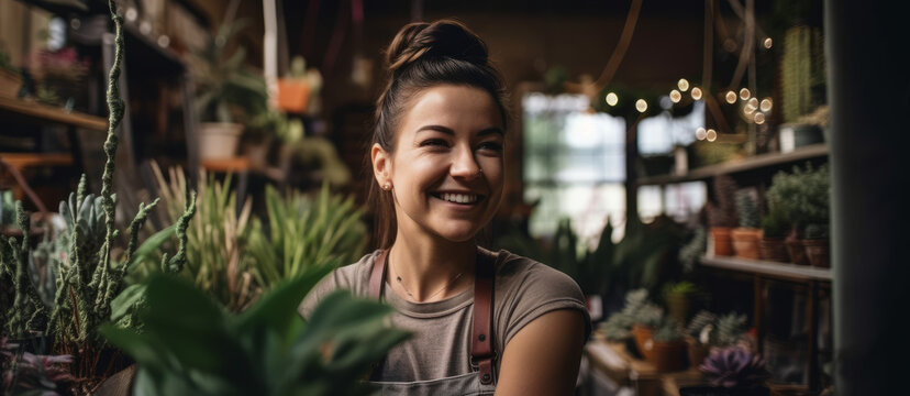 Small Business, Big Passion: Lush Greenery And Genuine Smiles In A Local Plant Shop. Small Business Owner Smiling In Her Plant Shop, Surrounded By Unique Decor. Generative AI