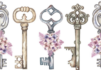 Watercolor retro style seamless border with keys and floral bouquet clipart. vintage keys and hydrangea flower repeat pattern