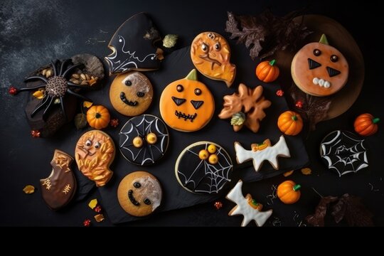 Top view on spooky halloween cookies on a dark background created with generative AI technology.