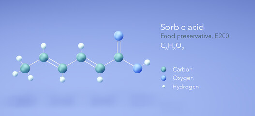 sorbic acid molecule, molecular structures, food preservative e200, 3d model, Structural Chemical Formula and Atoms with Color Coding